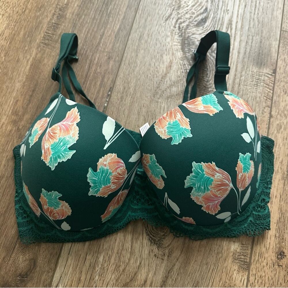Auden Bra Lace Dark Green w/ Coral Floral Feminine Sexy Romantic Comfort, 38DD